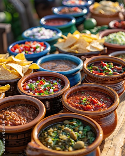 Assortment of Mexican appetizers in small bowls Salsas guacamole chips Various colors and textures Wooden table Traditional cuisine Festive spread