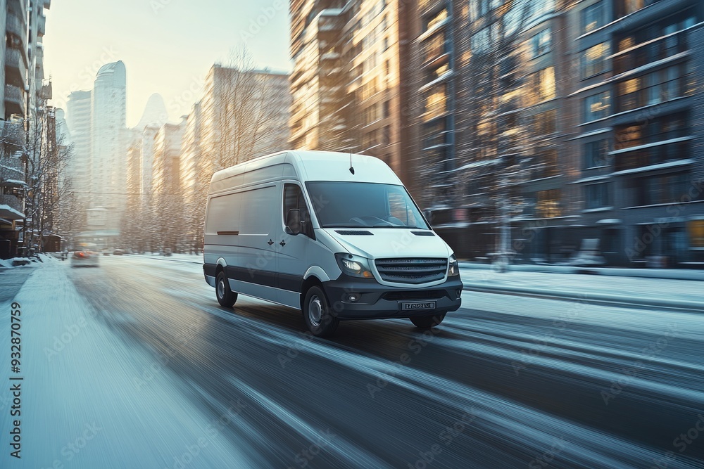White delivery van driving on a snowy road in a city White delivery van driving on a snowy road in a city