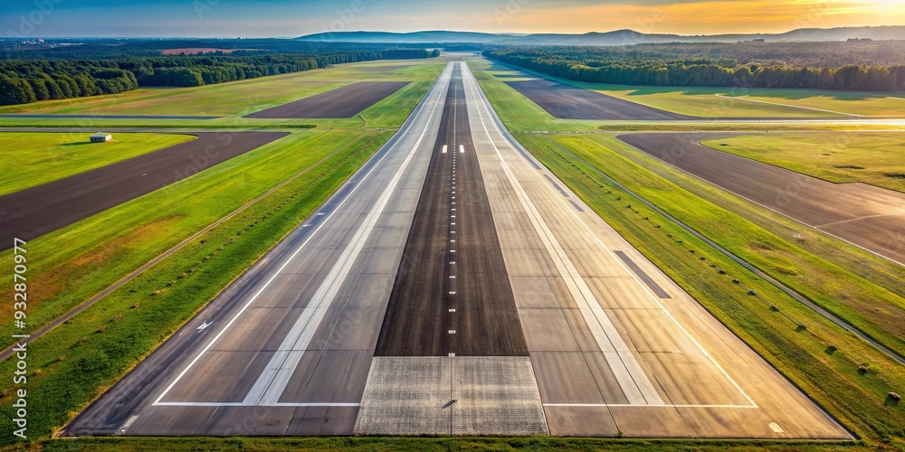 Aerial view of an airport runway landing strip , airport, runway, landing strip, airplane, aerial view Aerial view of an airport runway landing strip , airport, runway, landing strip, airplane, aerial view