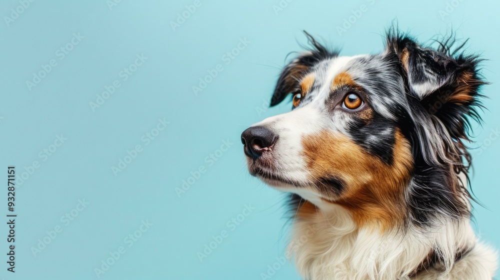 An Australian Shepherd dog gazes intently at the camera, beautifully contrasting against an empty light blue background that offers ample copy space for promotional or creative text. An Australian Shepherd dog gazes intently at the camera, beautifully contrasting against an empty light blue background that offers ample copy space for promotional or creative text.