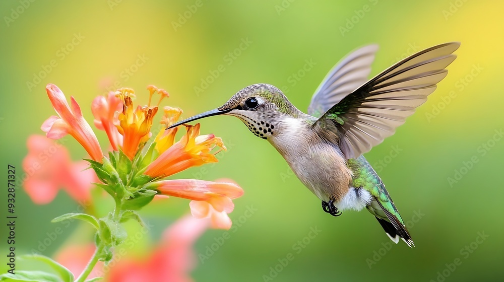 Fototapeta premium A juvenile Rubythroated humming bird feeding on a flower Ontario Canada : Generative AI