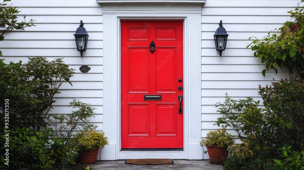 Fototapeta premium Red door on a white house, vibrant and inviting, architectural contrast