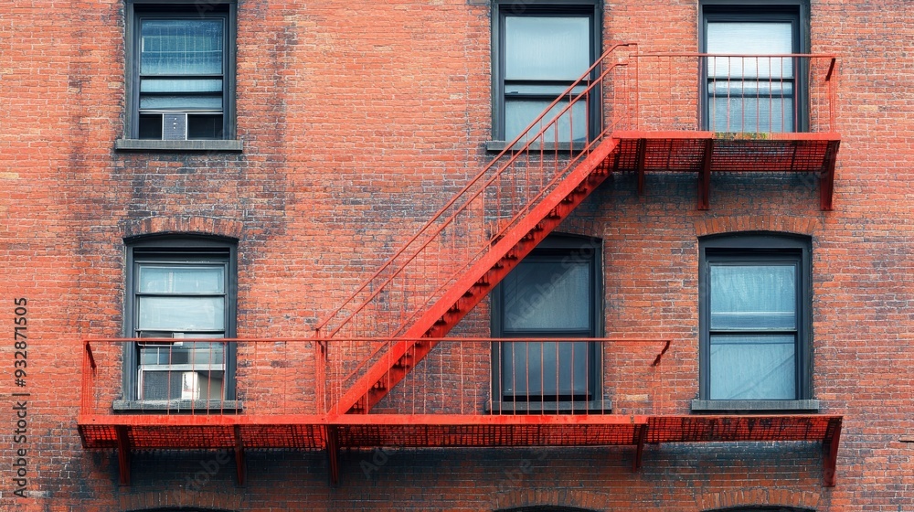 Obraz premium Red fire escape on a brick building, urban and practical, city architecture detail
