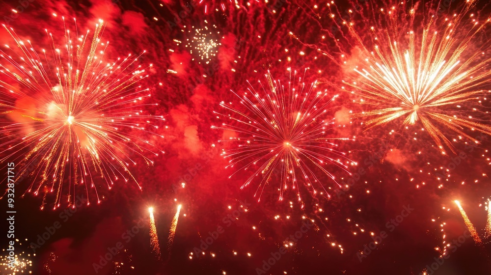 Fototapeta premium Red fireworks exploding in the night sky, vibrant and celebratory, festive display