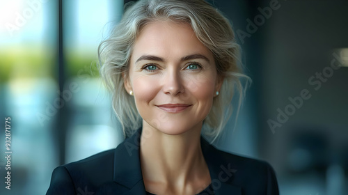 Portrait of a confident businesswoman with a warm smile and blue eyes.