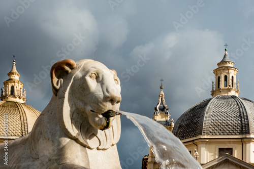 Italy, Rome. Piazza del Popolo, Fontana dei Leoni (Fountain of Lions), by Giuseppe Valadier (1828).