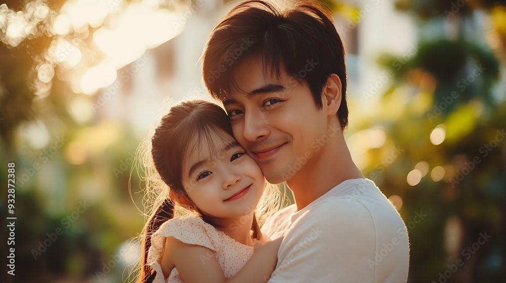 Fototapeta premium Family smile and child hug outdoor with bonding care or support for security trust at home backyard in summer Woman man and girl for embrace moment love and sunshine vacation of childh : Generative AI