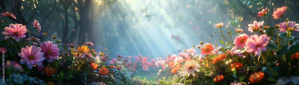 Soft morning sunlight in a blooming flower garden, morning light, vibrant floral scene