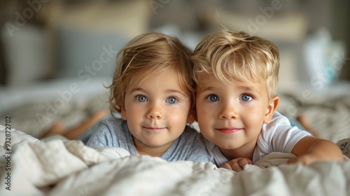 portrait of cute little baby lying on bed next to her older brother