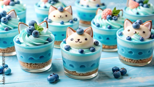 Cute blue desserts decorated with adorable cat designs, perfect for cat lovers and sweet tooth enthusiasts, cute, blue, food photo