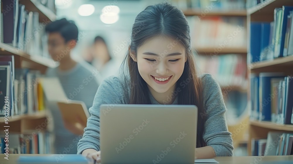 Students group and happy in library for education learning and reading test results or news on computer Young college people on laptop for solution research or studying with support he : Generative AI