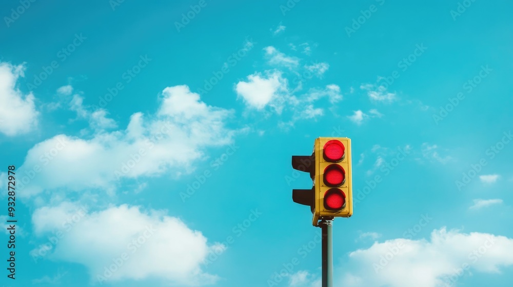 Red traffic light against a blue sky, urban and authoritative, symbol of control Red traffic light against a blue sky, urban and authoritative, symbol of control