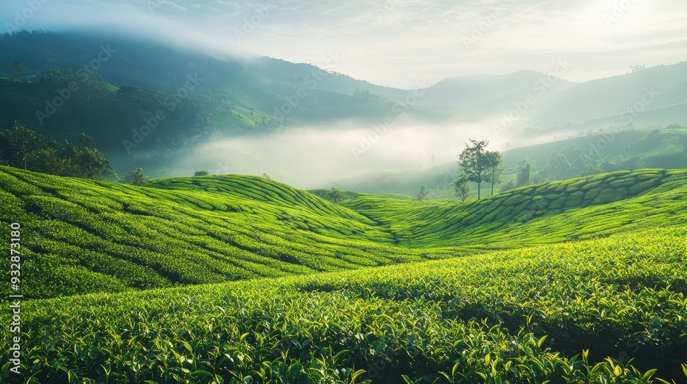 Fototapeta premium Serene green tea plantation on rolling hills with misty morning atmosphere, peaceful landscape