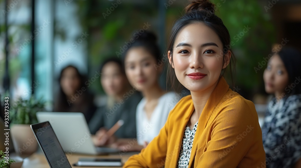 Fototapeta premium Asian woman lead young group of multiethnic businesspeople in team meeting using laptop computer for ESG topic presentation on monitor Sustainable business practice people work at home : Generative AI