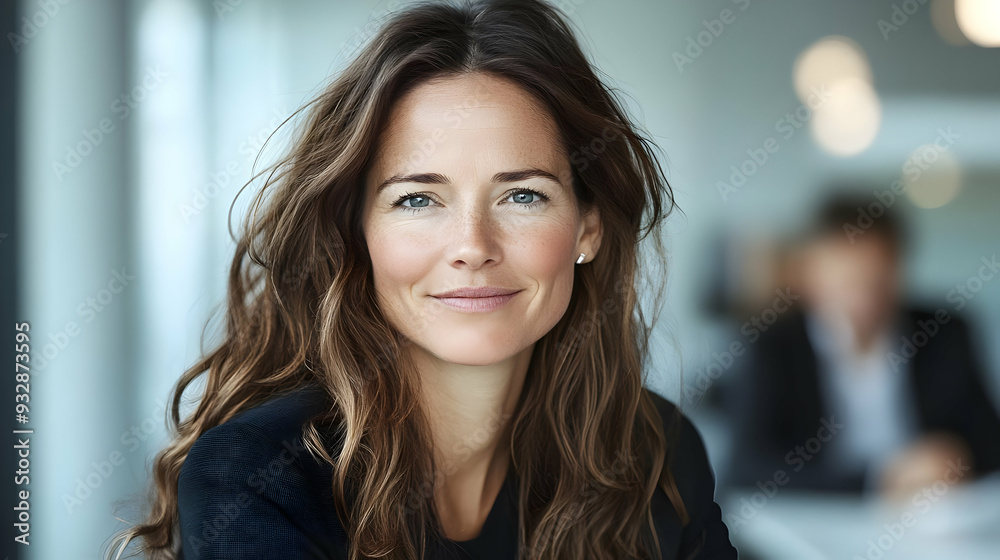 Fototapeta premium Portrait of a confident woman smiling, looking at the camera, with long brown wavy hair.