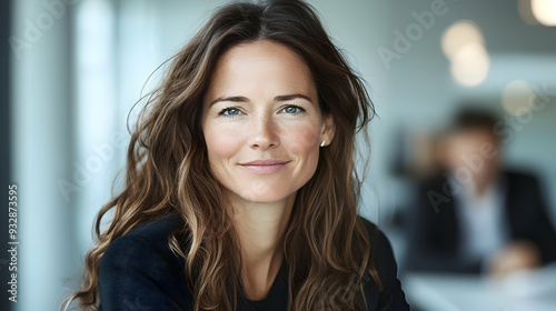 Portrait of a confident woman smiling, looking at the camera, with long brown wavy hair.