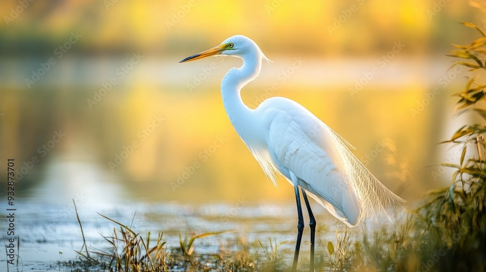 Fototapeta premium White egret standing in a wetland, graceful and majestic, bird in nature