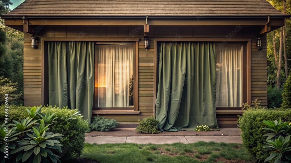 A mysterious facade conceals secrets within, walls shrouded in green and brown hues as nature softly wraps around the silent, shuttered home. A mysterious facade conceals secrets within, walls shrouded in green and brown hues as nature softly wraps around the silent, shuttered home.