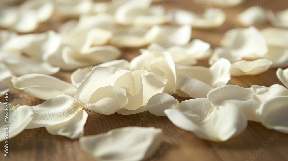 White rose petals scattered on a table, romantic and delicate, symbol of purity and love White rose petals scattered on a table, romantic and delicate, symbol of purity and love