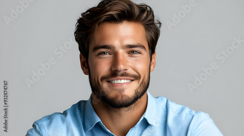 Portrait of a happy young man with a beard and blue shirt smiling.