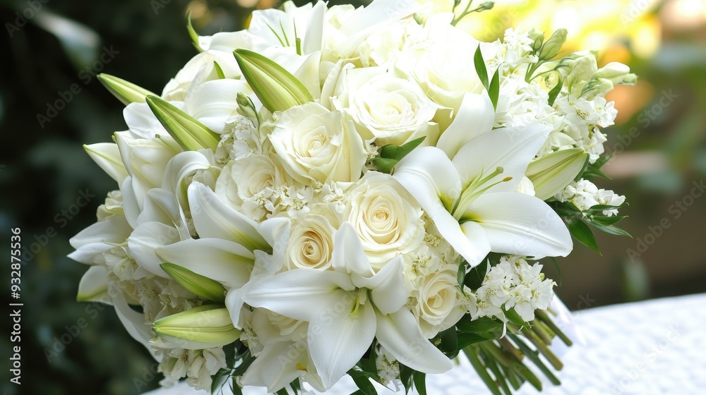 White wedding bouquet with roses and lilies, elegant and fragrant, bridal flowers