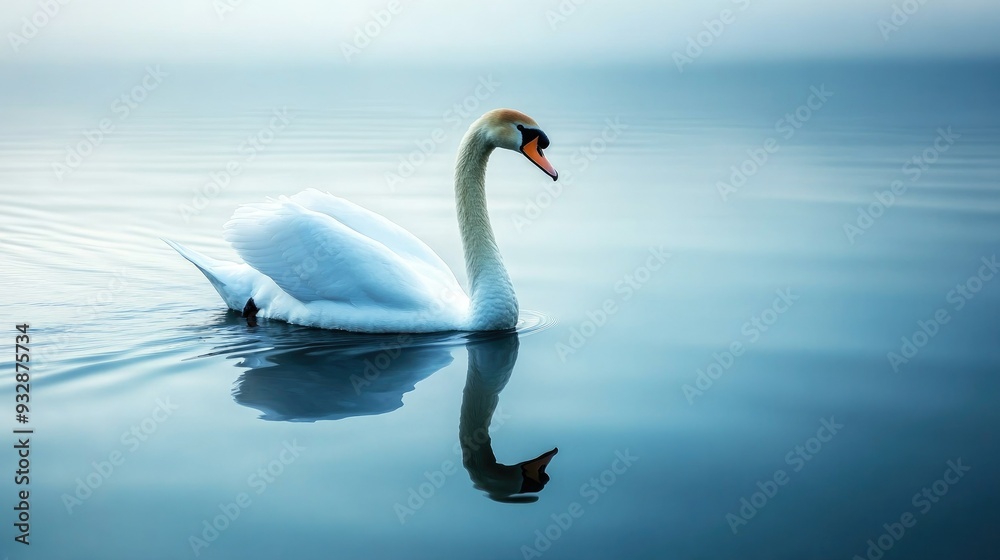 Obraz premium White swan gliding on a calm lake, graceful and serene, symbol of beauty and purity