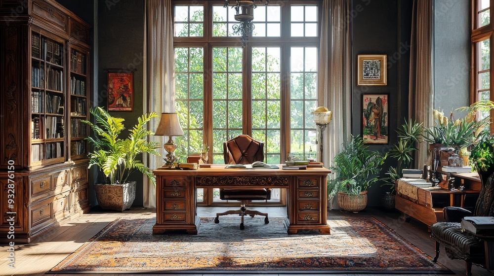 Fototapeta premium Watercolor antique writing desk with intricate carvings, placed by a large window.