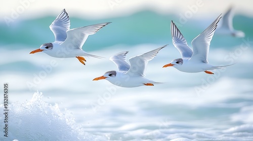 Group of Royal Terns flying above the ocean : Generative AI photo