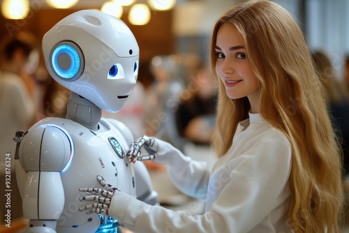 Little girl interacting with a humanoid robot in a bright futuristic setting representing the curiosity and wonder of the next generation as they engage with artificial intelligence and technology