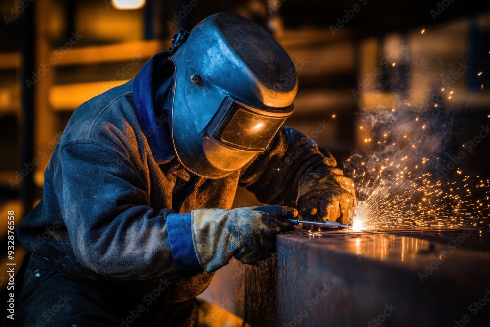 Welder working with sparks in industrial setting Welder working with sparks in industrial setting