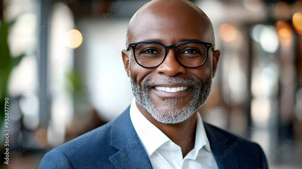 Fototapeta premium Portrait of a smiling businessman with glasses in a suit jacket.