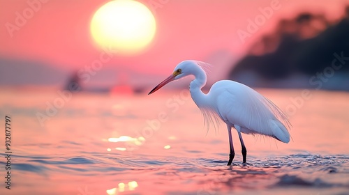 Beautiful white little egret or small heron bird standing in the pink sunrise water of sea bay with airplane on background : Generative AI photo