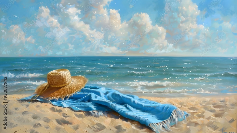 blue towel with hat and summer beach. blue towel with hat and summer beach.
