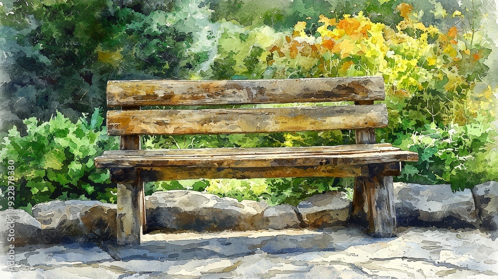 Watercolor rustic wooden bench with a natural finish, in a garden setting. Watercolor rustic wooden bench with a natural finish, in a garden setting.