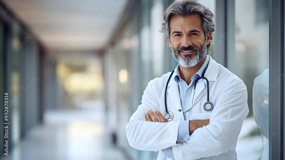 Portrait of a smiling doctor in a white coat, standing with arms crossed in a hospital hallway. Portrait of a smiling doctor in a white coat, standing with arms crossed in a hospital hallway.