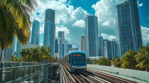 Public transportation in downtown Miami in Florida USA Metrorail city train car on high railroad over street traffic between skyscraper buildings in modern American megapolis : Generative AI photo