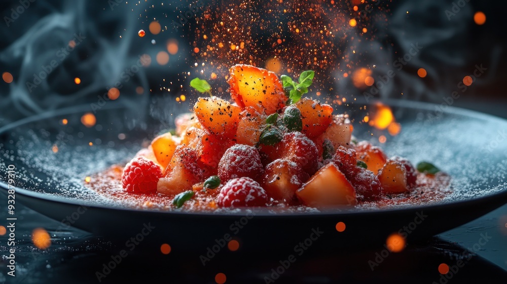 A plate of fresh fruit with powdered sugar and a dash of spice A plate of fresh fruit with powdered sugar and a dash of spice