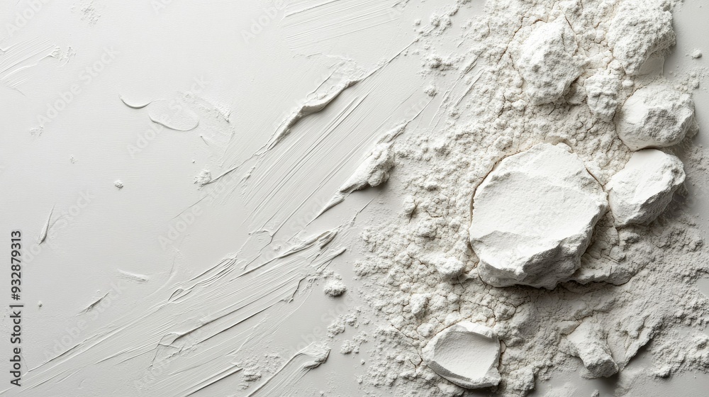Kaolin clay powder spread on a smooth surface, with some loose clumps around. No people, copy space