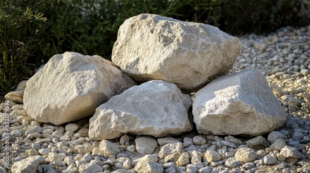 Limestone boulders, irregularly shaped, arranged on a rough surface with small pebbles around. No people, copy space Limestone boulders, irregularly shaped, arranged on a rough surface with small pebbles around. No people, copy space