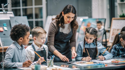 A art teacher guiding students through an art project, fostering creativity in a vibrant, art-filled classroom.