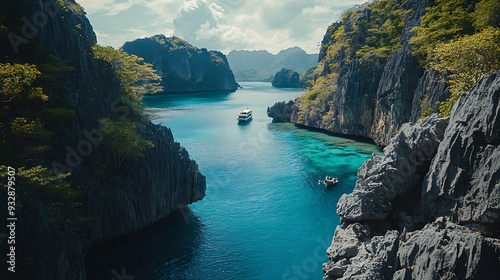 Amazing seascape of sea bay with rocks beach Mountain island with green tropical forest at cliff ocean shore Boats vessels at blue coast water of El Nido Isles Philippines Visayas Arch : Generative AI photo