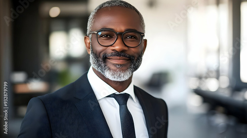 Portrait of a smiling mature businessman wearing glasses and a suit.