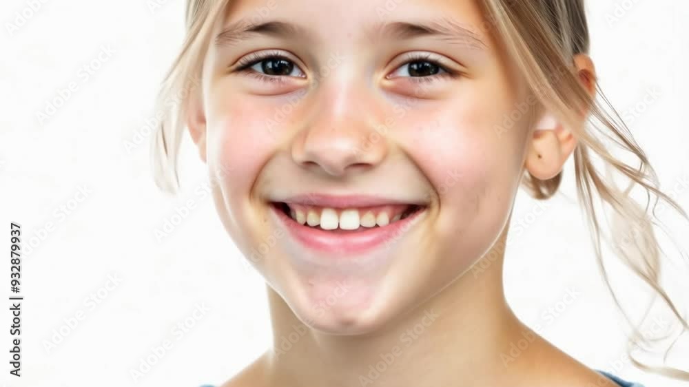 Smiling girl with light brown hair in a blue shirt, close-up portrait taken indoors Smiling girl with light brown hair in a blue shirt, close-up portrait taken indoors
