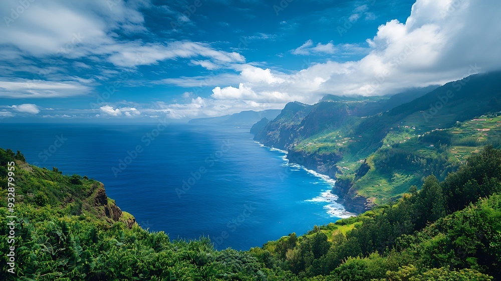 Fototapeta premium Madeira island coast view Breathtaking Madeira A Vista of Lush Greenery and Oceanic Grandeur : Generative AI