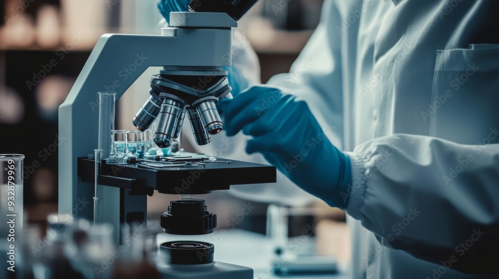 Scientist working in lab, using a microscope for research. A researcher in lab coat examines samples Scientist working in lab, using a microscope for research. A researcher in lab coat examines samples