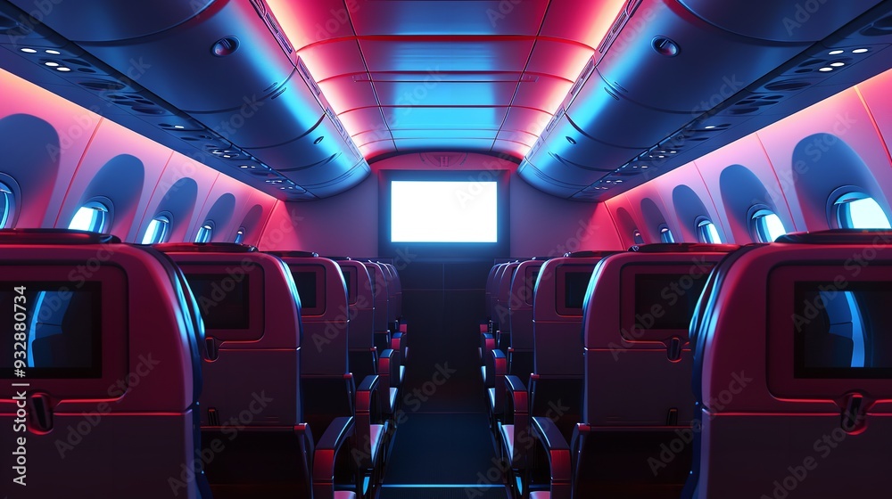 Fototapeta premium Aircraft seats with mockup devices for blank LCD screens. Generative Ai