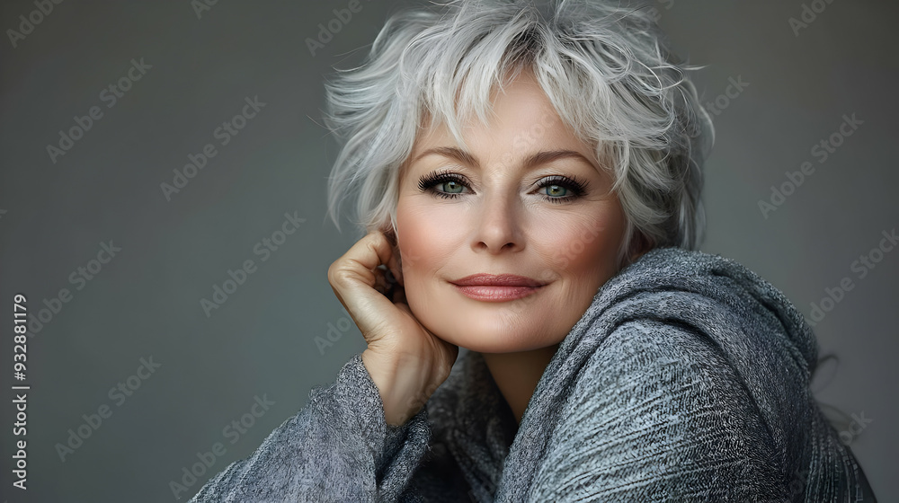 Portrait of a smiling mature woman with short, wavy, gray hair wearing a gray sweater. Portrait of a smiling mature woman with short, wavy, gray hair wearing a gray sweater.