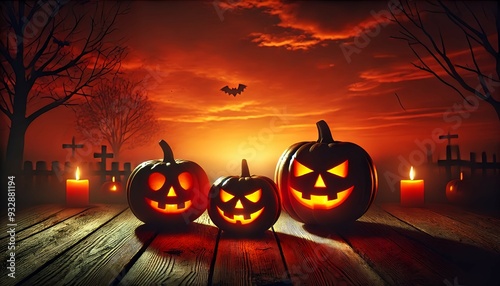 Three glowing jack-o'-lanterns of varying sizes placed on a wooden surface at dusk, with a mysterious, mist-covered lake background,  photo