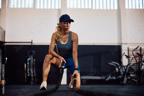 Pensive sportswoman practicing with battle ropes in  gym. photo