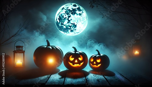 Three glowing jack-o'-lanterns of varying sizes placed on a wooden surface at dusk, with a mysterious, mist-covered lake background,  photo